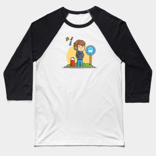 Happy Boy Listening Music with Heaphone and Waiting The Bus in Halte Cartoon Vector Icon Illustration Baseball T-Shirt